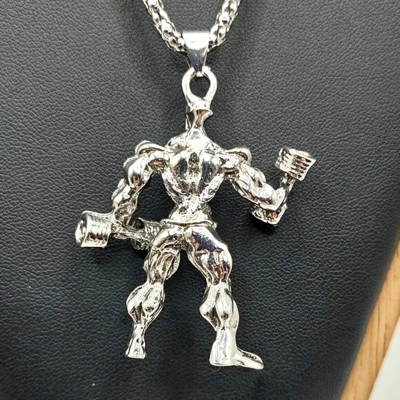 Stainless Bodybuilder Necklace Weightlifting Fitness Gym Bro Birthday Gift - NEW - Picture 4 of 6